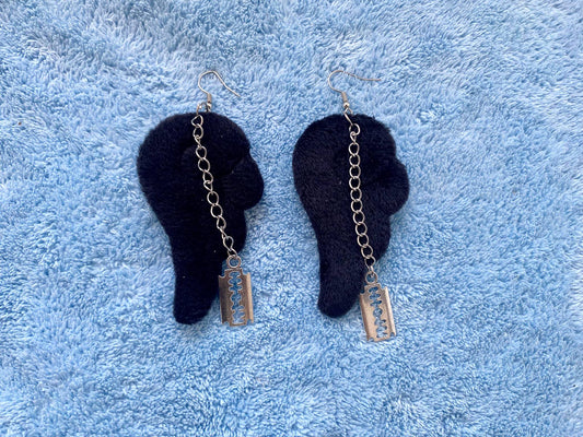 JPOP CUTE Black Plush Angel Wing Earrings with Chain & Razor Blade Charm